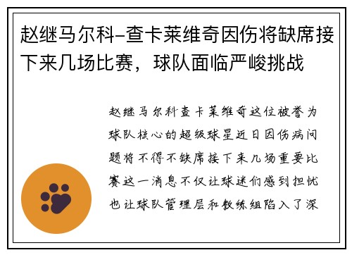 赵继马尔科-查卡莱维奇因伤将缺席接下来几场比赛，球队面临严峻挑战